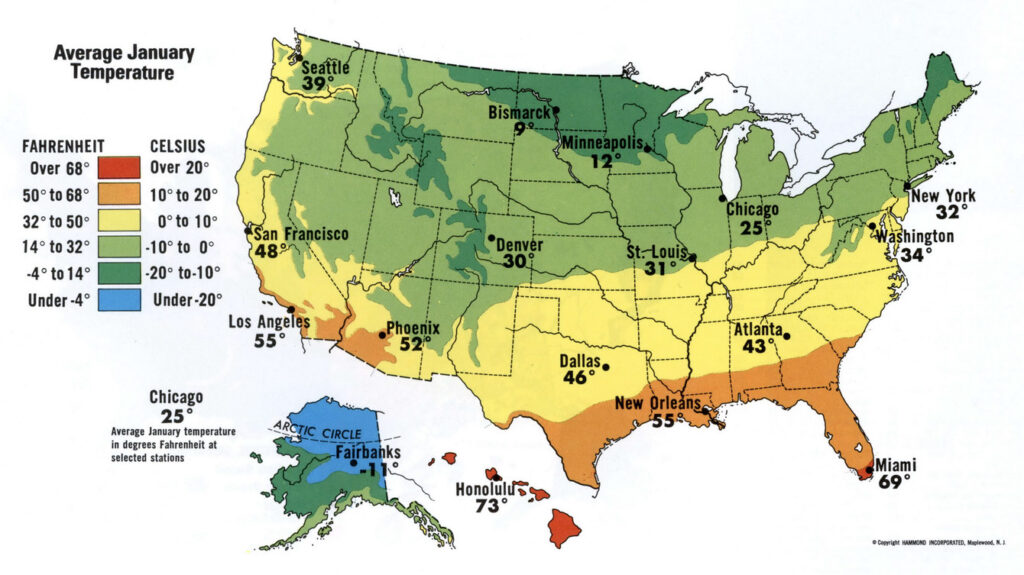 Carte De La Temperature Moyenne De Janvier Aux Etats Unis 1024x575 