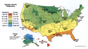 Carte de la température moyenne de janvier aux États-Unis.