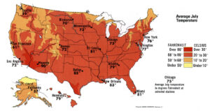 Carte de la température moyenne de juillet aux États-Unis.