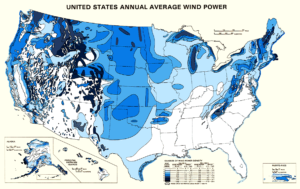 Carte montrant les ressources éoliennes estimées pour les États-Unis.