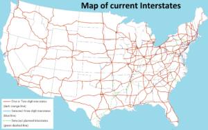 Carte du réseau autoroutier inter-États des États-Unis.
