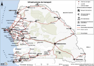 Carte des infrastructures de transport du Sénégal.