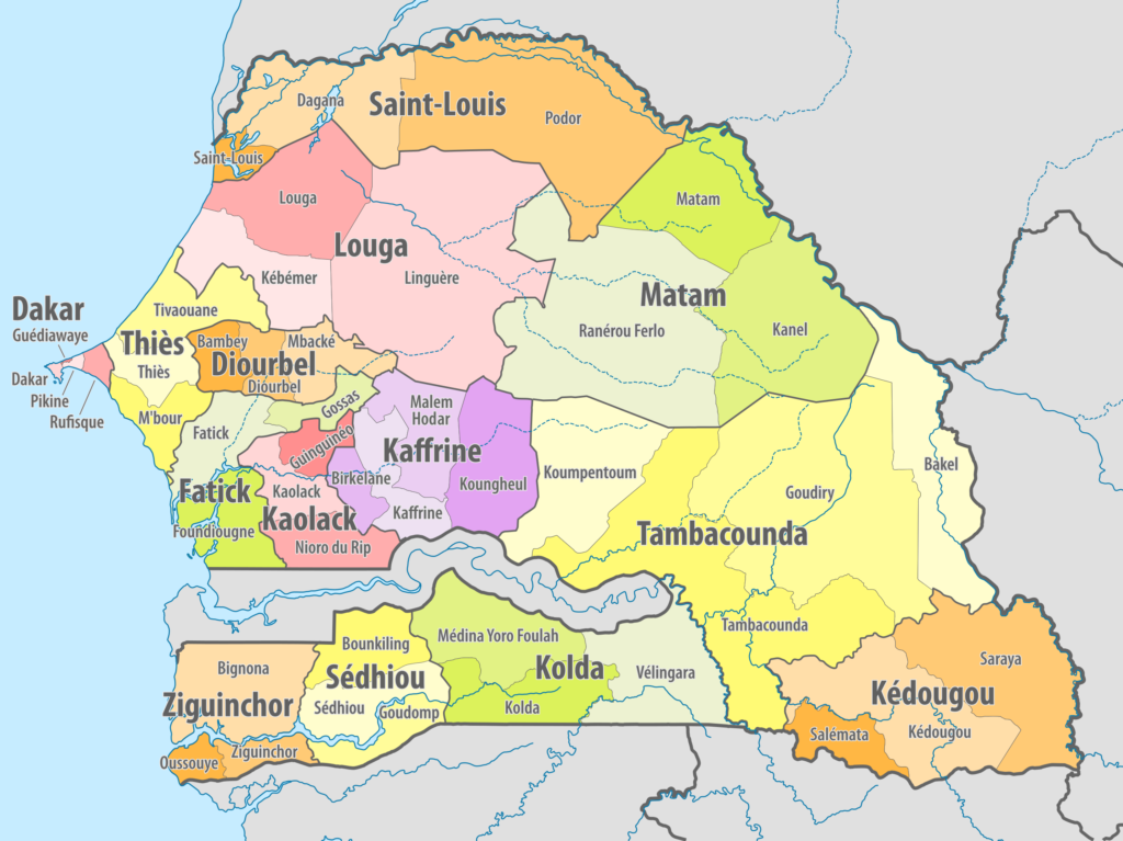 Carte des départements du Sénégal.