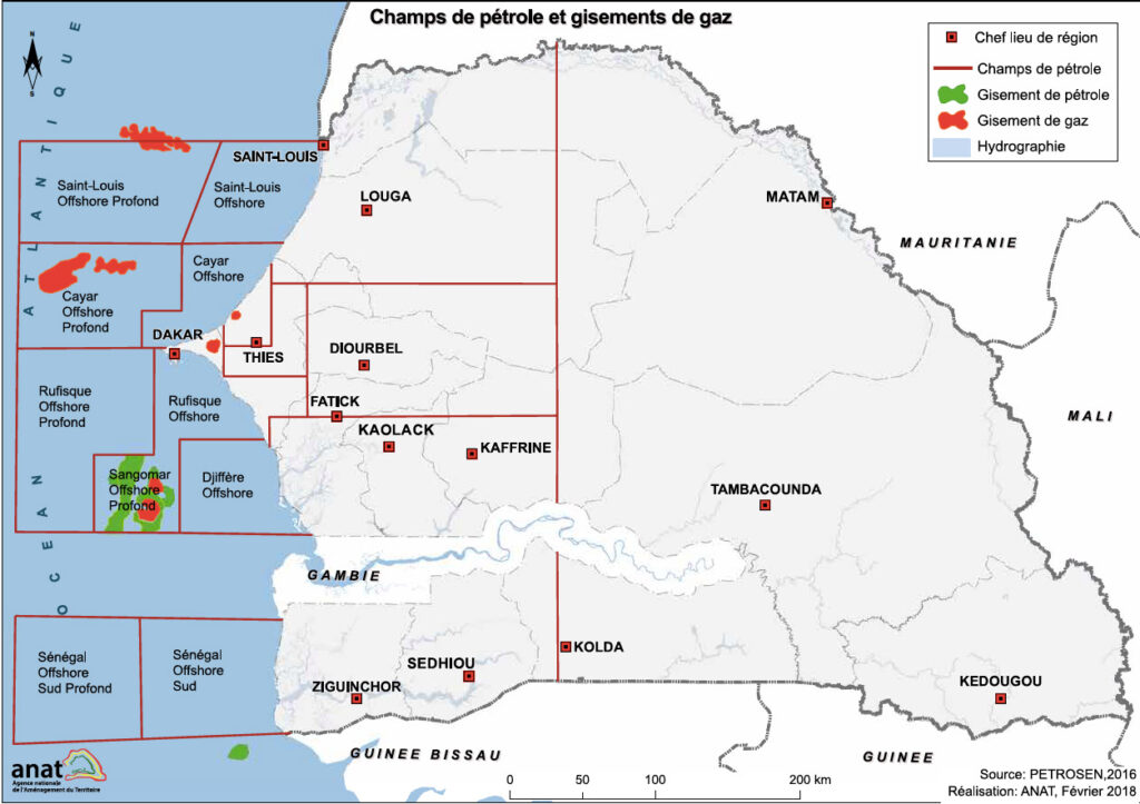 Carte des champs de pétrole et gisements de gaz au Sénégal.