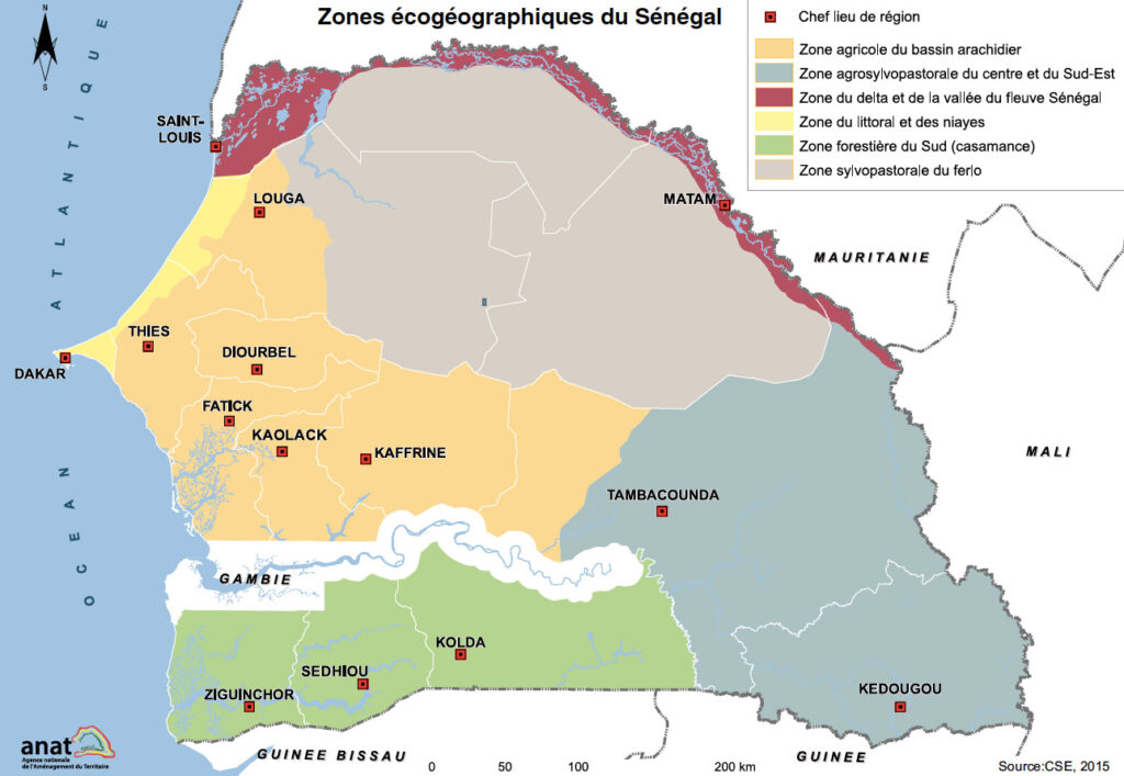 Carte des zones éco géographiques du Sénégal.
