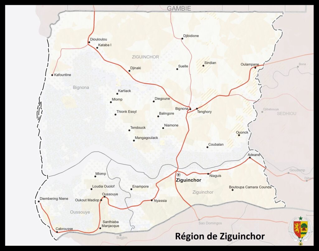 Carte de la région de Ziguinchor.
