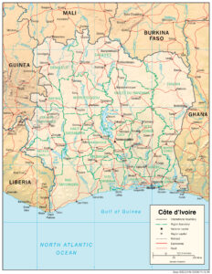 Carte en relief ombré de la Côte d'Ivoire.