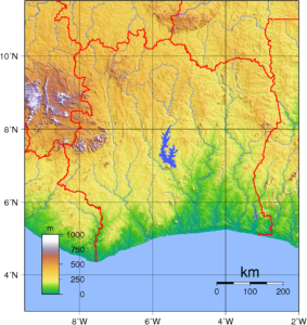 Carte topographique de la Côte d'Ivoire.