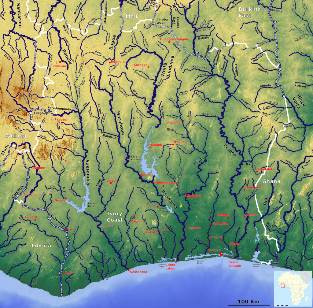 Carte hydrographique de la Côte d'Ivoire.