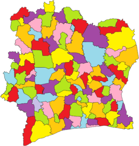 Carte politique vierge colorée de la Côte d’Ivoire.