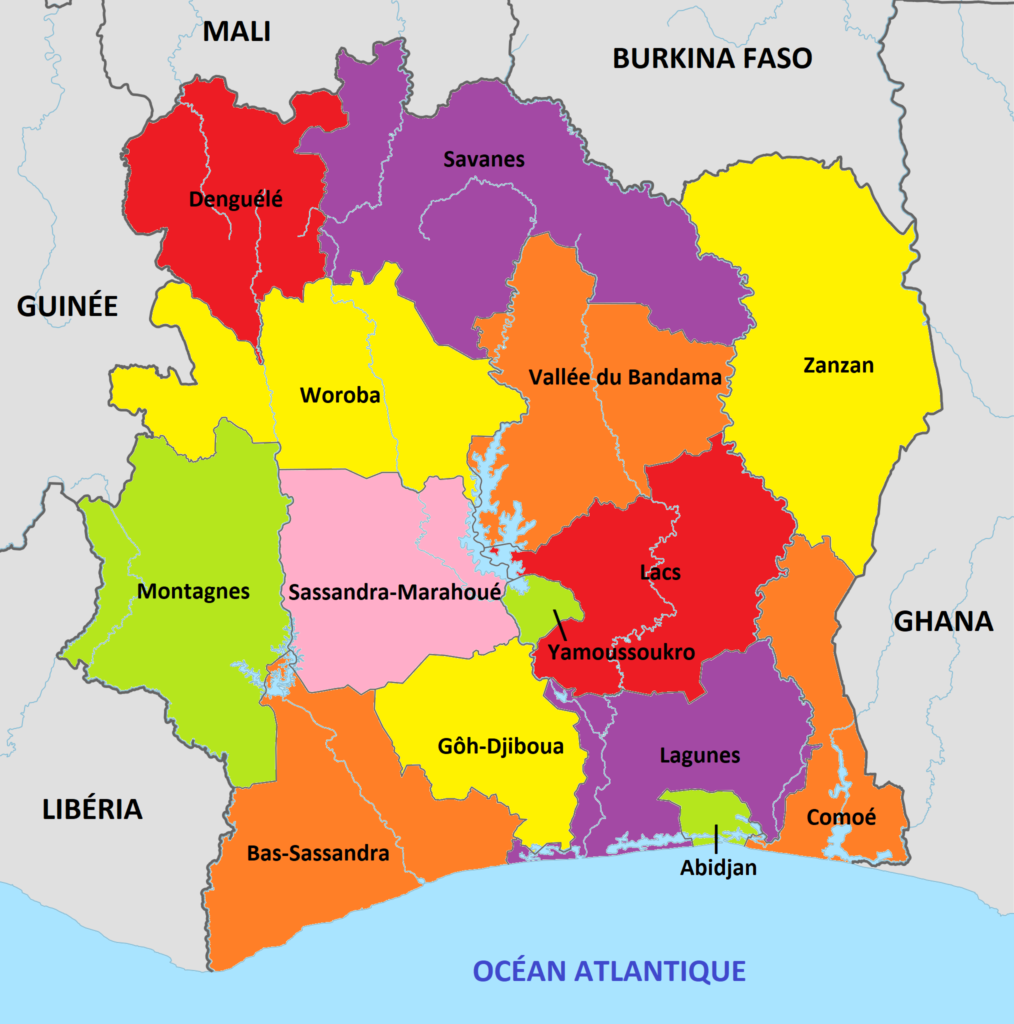 Carte des districts de Côte d'Ivoire.