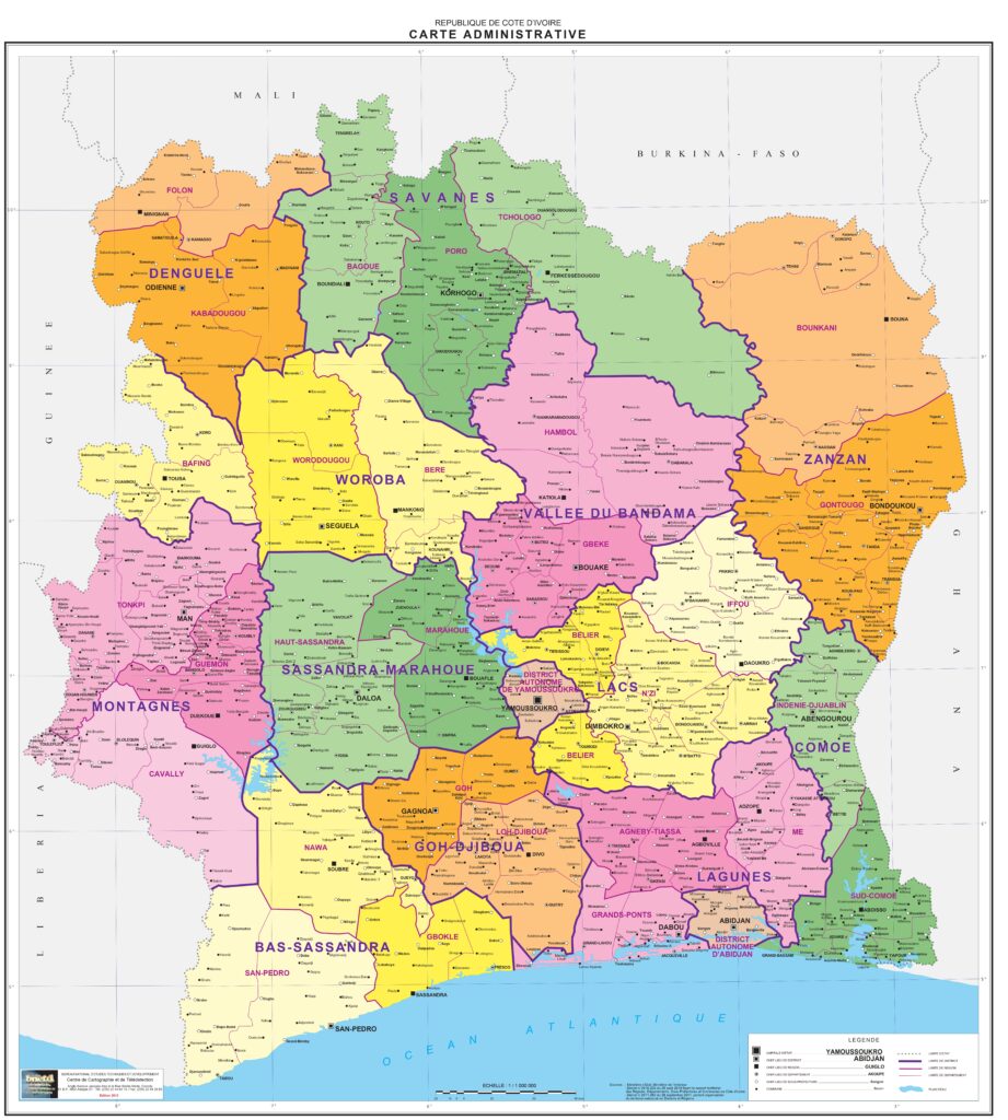 Carte des régions de la Côte d’Ivoire.
