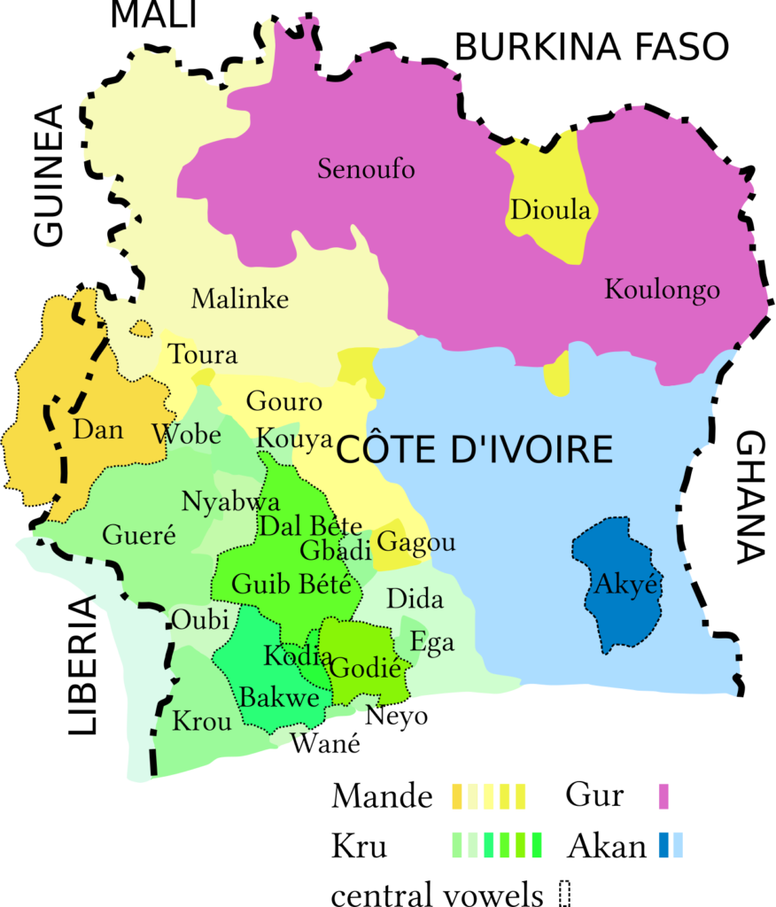 Carte linguistique de la Côte d'Ivoire.