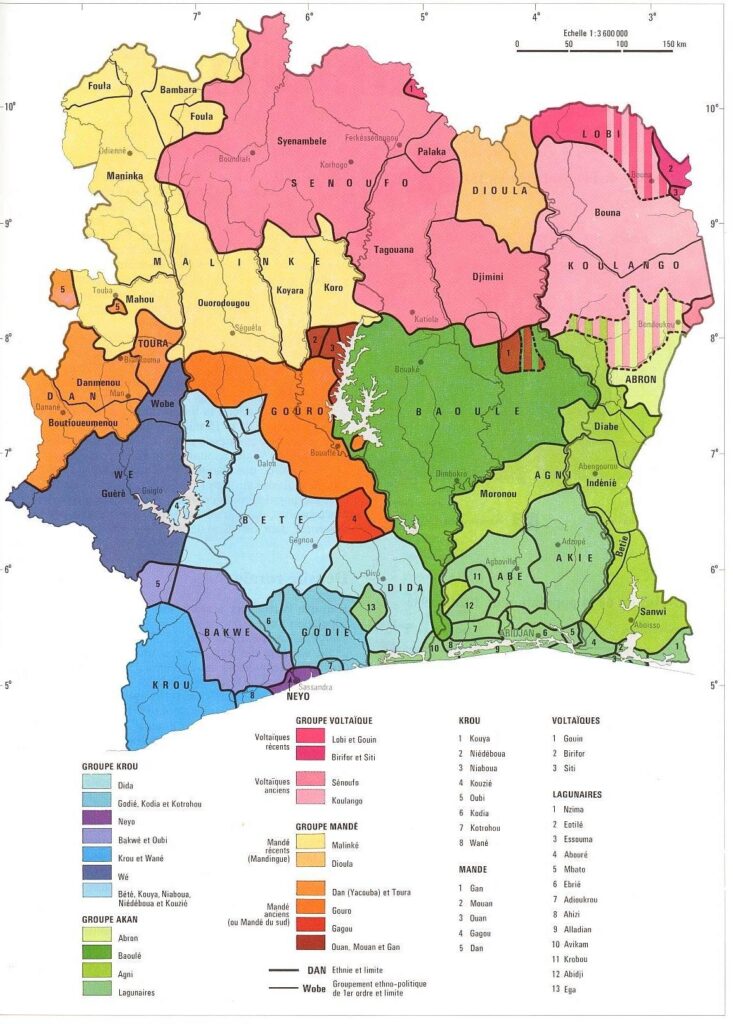 Carte ethnique de la Côte d'Ivoire.