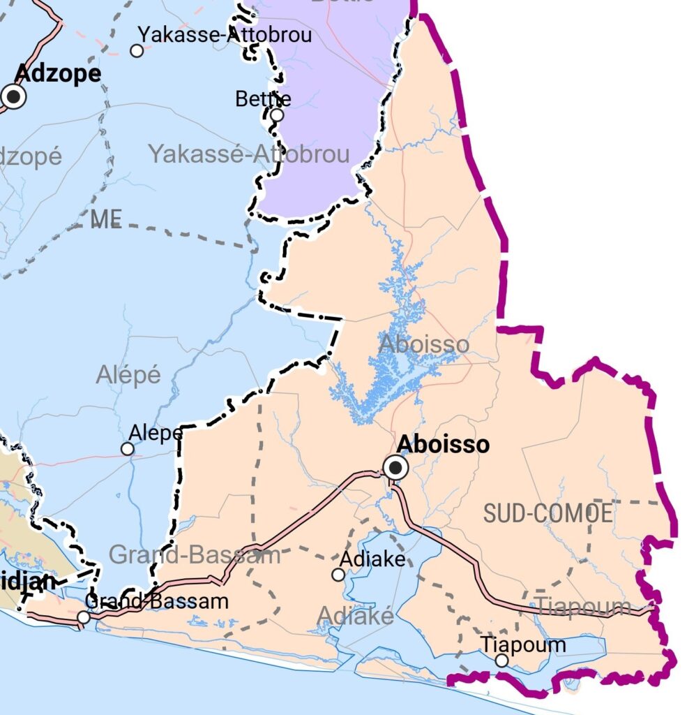 Carte de la région du Sud-Comoé.