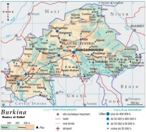 Carte en relief du Burkina Faso.