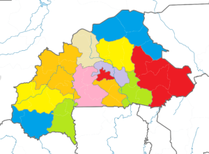 Carte vierge colorée des régions du Burkina Faso.