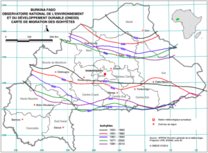 Carte de migration des isohyètes au Burkina Faso de 1931 à 2010.