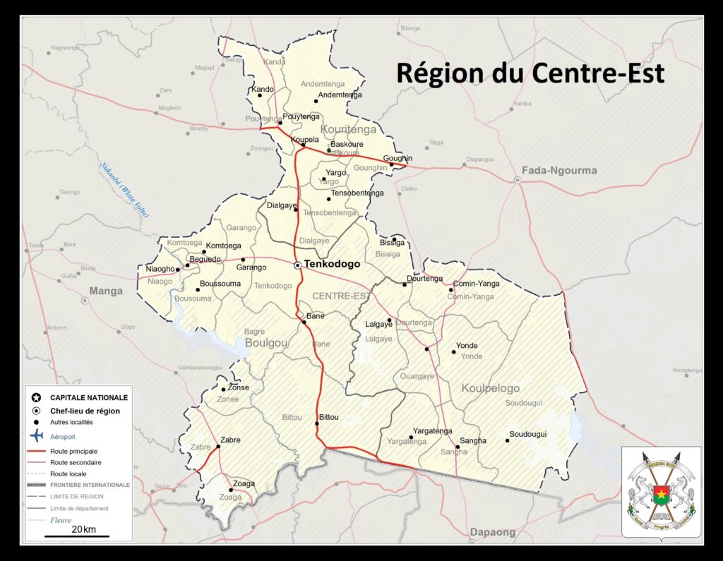 Carte de la région du Centre-Est, Burkina Faso.