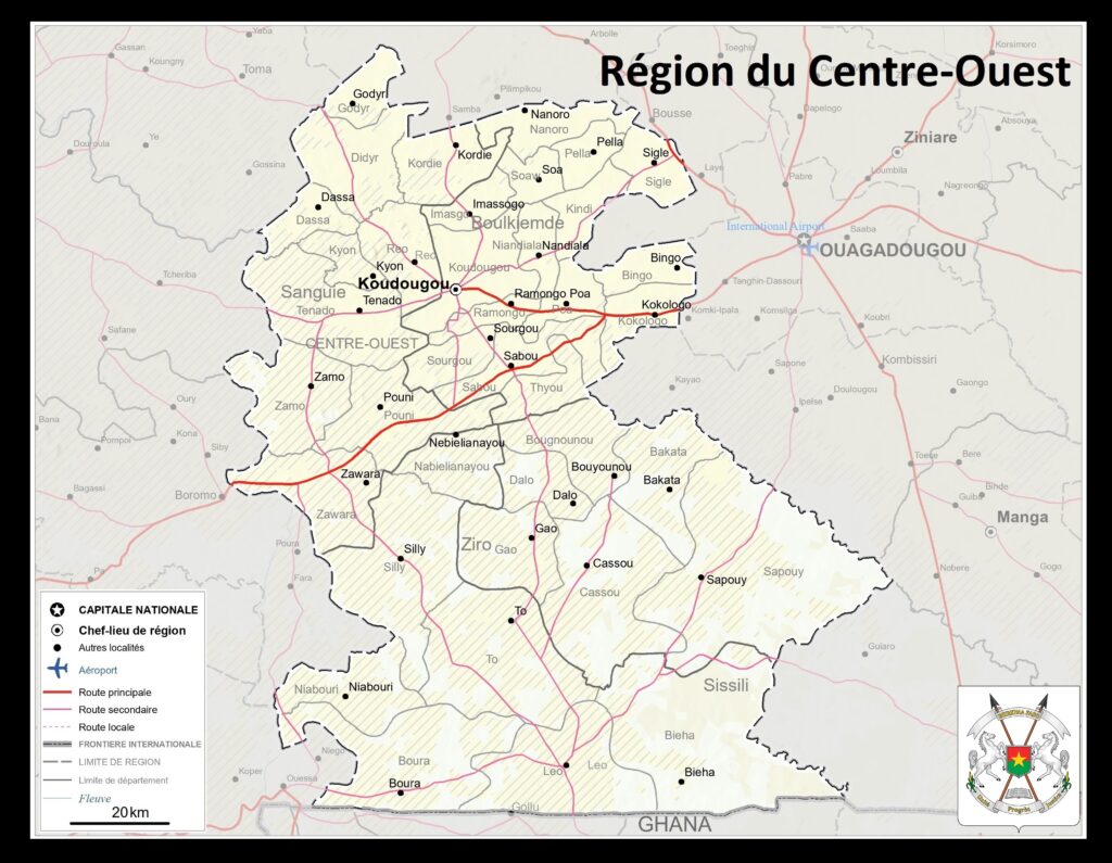 Carte de la région du Centre-Ouest, Burkina Faso.