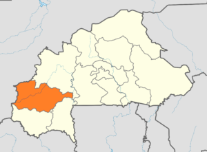 Carte de localisation de la région des Hauts-Bassins au Burkina Faso.