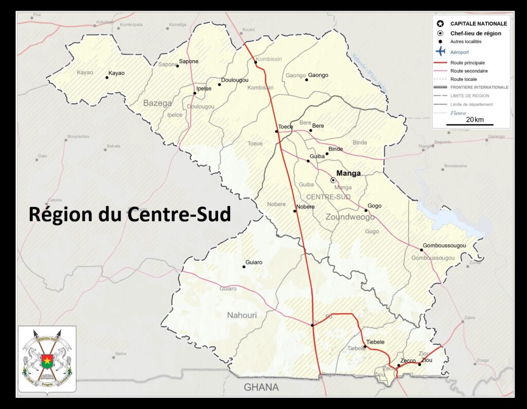 Carte de la région du Centre-Sud, Burkina Faso.