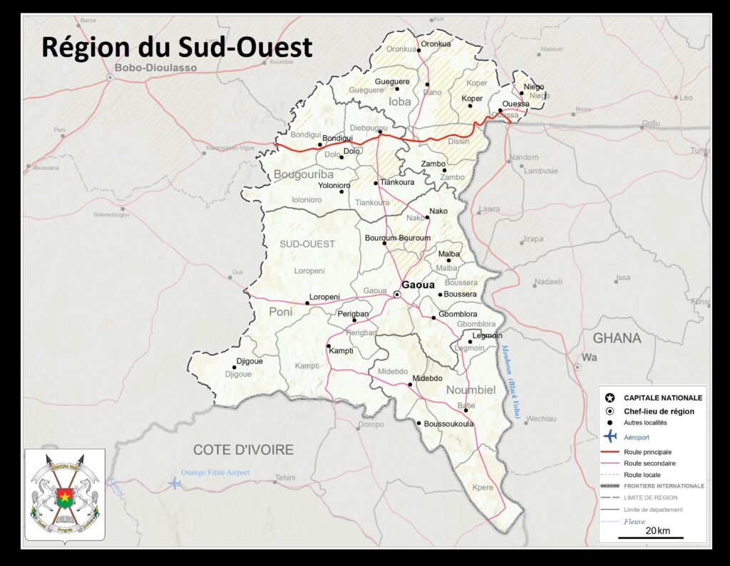 Carte de la région du Sud-Ouest, Burkina Faso.