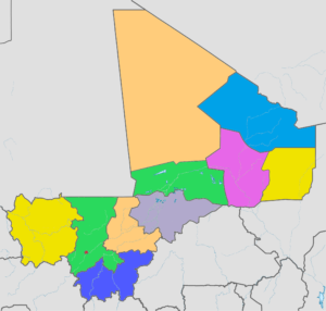 Carte politique vierge colorée du Mali.