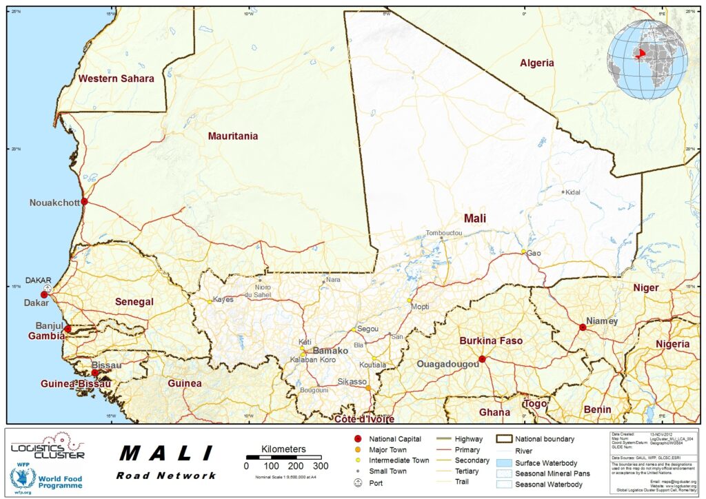 Carte routière du Mali.