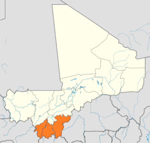 Carte de localisation de la région de Sikasso au Mali.