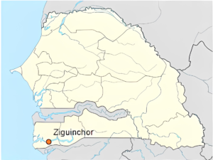 Carte de localisation de la ville de Ziguinchor au Sénégal.