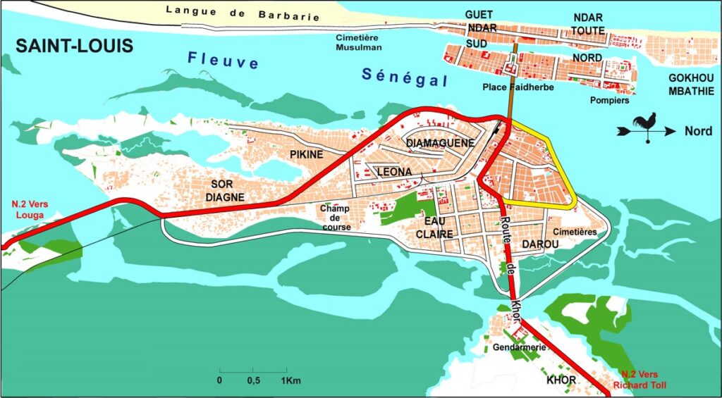 Carte de la ville de Saint-Louis, Sénégal.