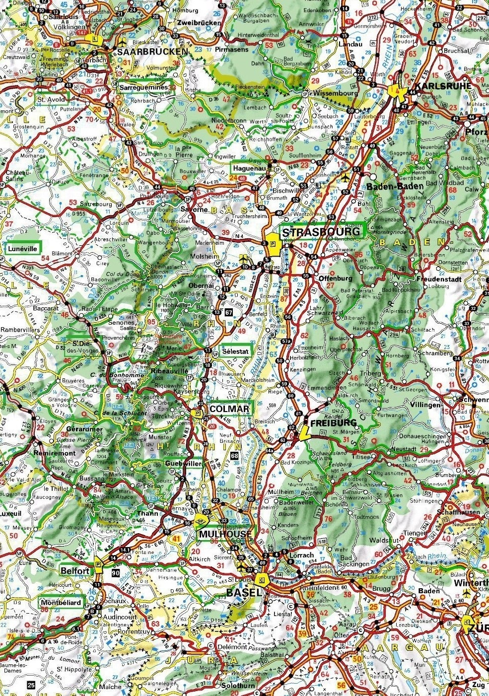 Carte routière de l'Alsace.