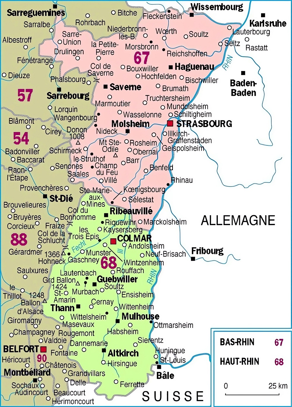 Carte des principales communes d'Alsace