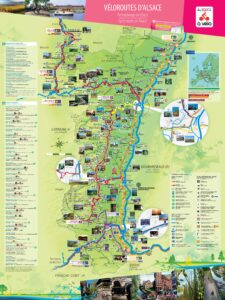 Carte des itinéraires cyclables touristiques d'Alsace.