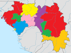 Carte politique vierge colorée de la Guinée.