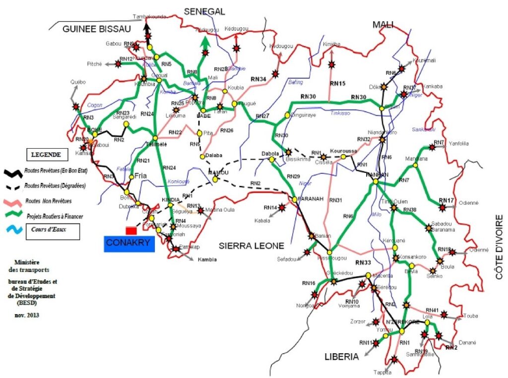 Carte routière de la Guinée.