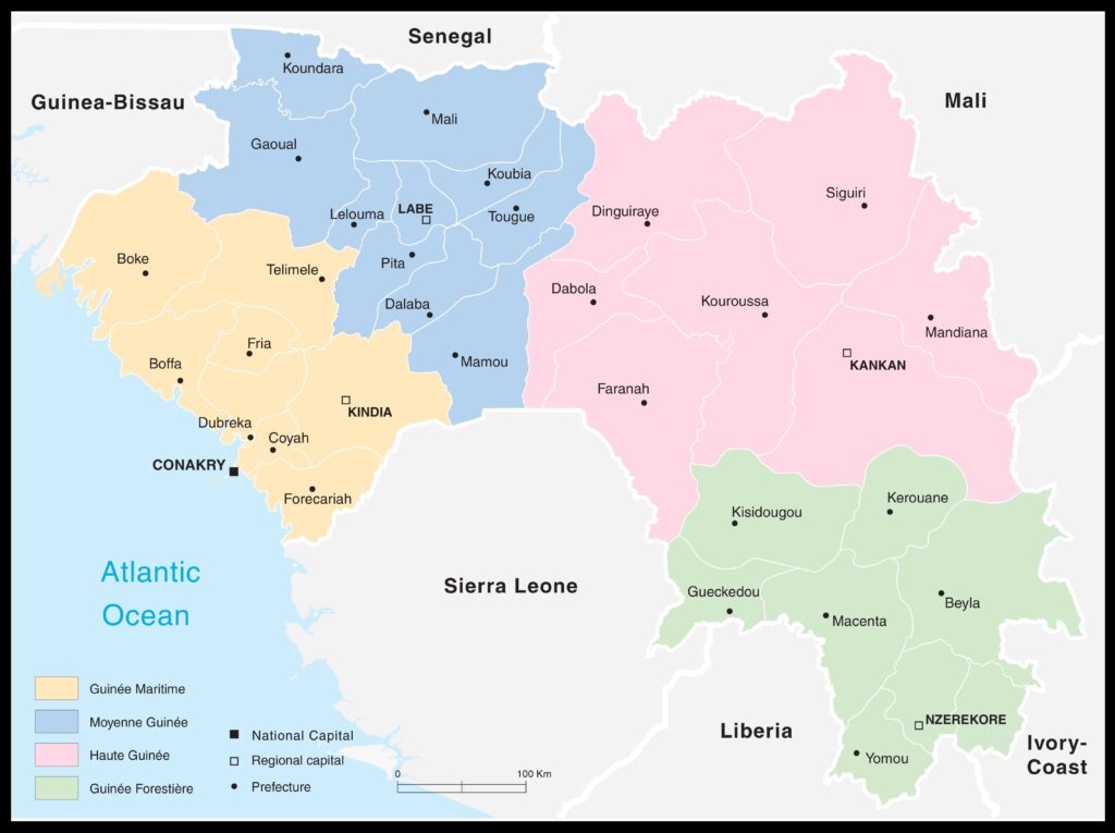 Carte des régions naturelles de la Guinée.