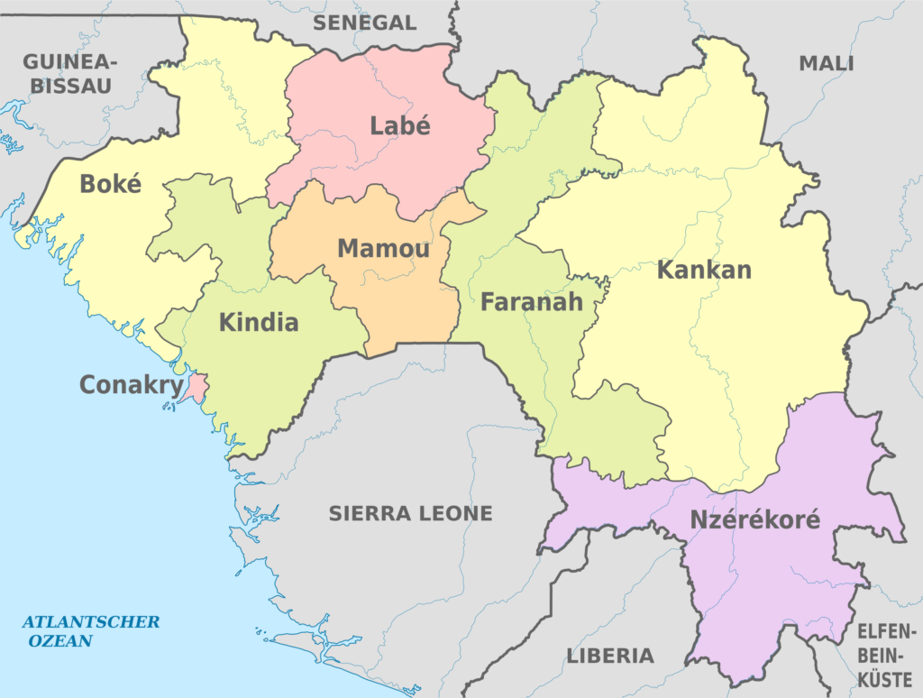 Carte des régions administratives de la Guinée.