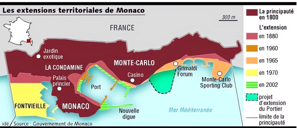 Carte des extensions territoriales de Monaco.