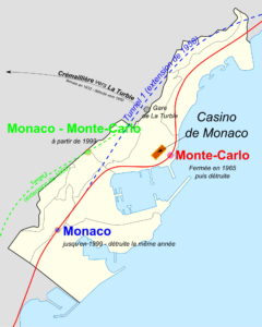 Schéma de l'évolution des infrastructures ferroviaires de Monaco entre 1868 et 1999.