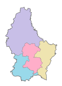 Carte vierge colorée des circonscriptions électorales du Luxembourg.