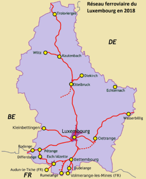 Carte du réseau ferroviaire du Luxembourg