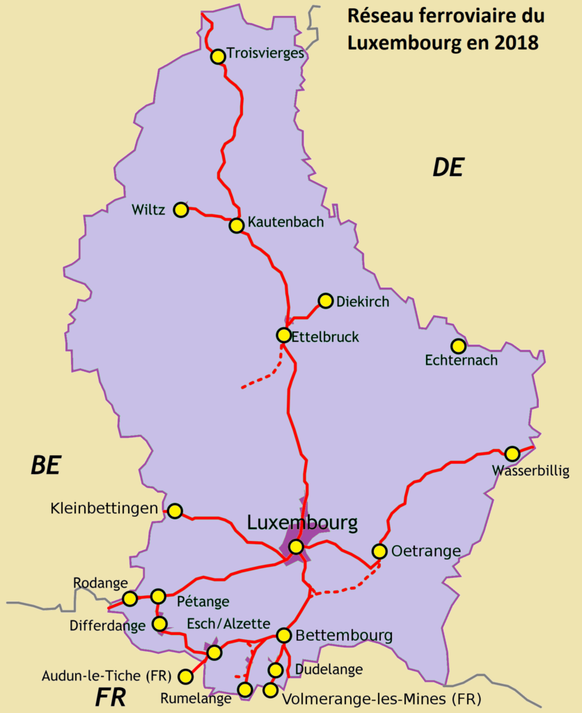Carte du réseau ferroviaire du Luxembourg.