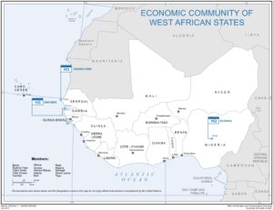 Carte de la Communauté économique des États de l'Afrique de l'Ouest CEDEAO.