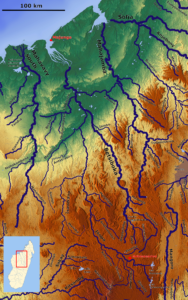 Carte des fleuves Betsiboka et Mahajamba dans le nord-ouest de Madagascar.