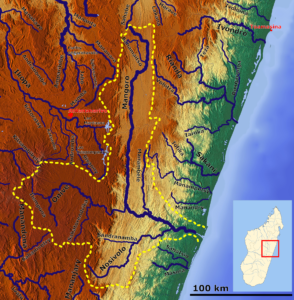 Carte du bassin du fleuve Mangoro dans l'est de Madagascar.