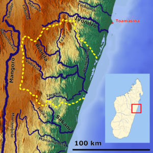 Carte du bassin du fleuve Rianila dans l'est de Madagascar.