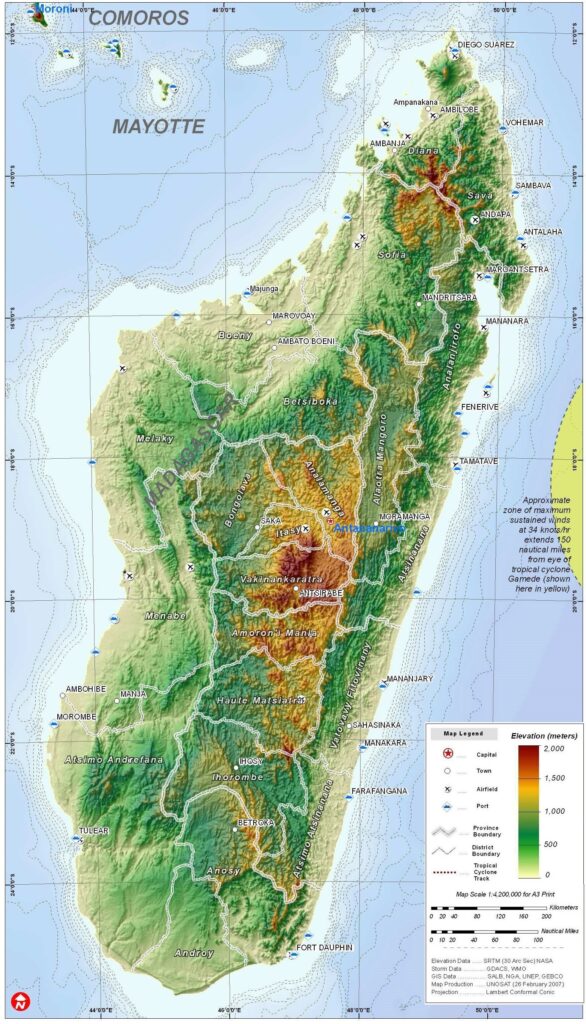 Carte physique de Madagascar.