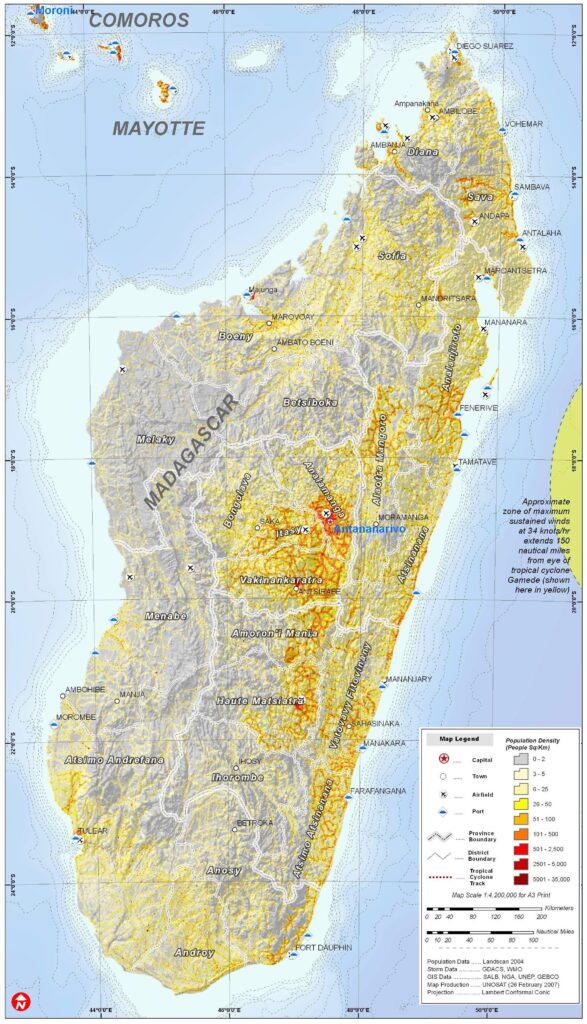 Carte de la densité de population de Madagascar.
